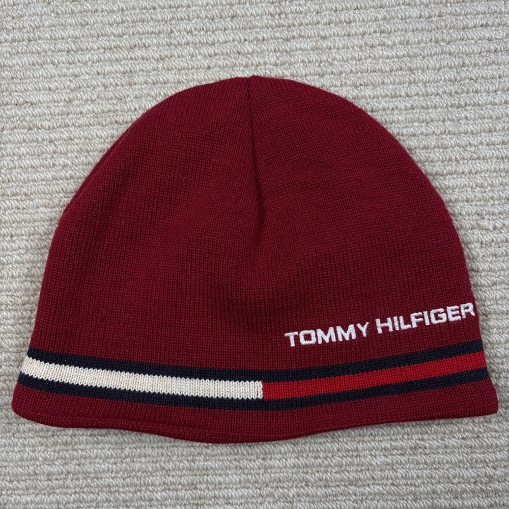 Tommy Hilfiger Beanie Hat Unisex OS Burgundy Vintage VTG Y2K Prep Streetwear